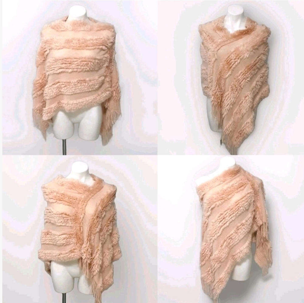 Marc New York Fuzzy Fringed Knit Cape Poncho Wrap S/M Cozy Chic Travel Layer